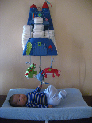 Elijah's unique diaper stacker and mobile